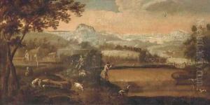 Figures hunting in an extensive landscape Figures hunting in an extensive landscape