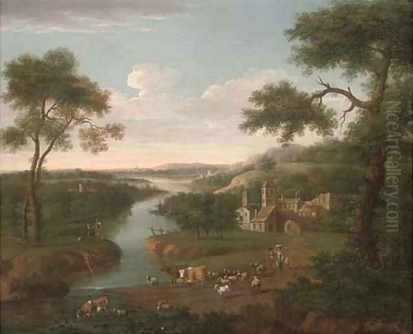 An extensive wooded river landscape with a shepherd, his family and cattle on a track, a village beyond by Peter Tillemans