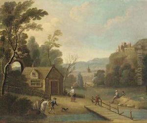 A landscape with figures by a river by Peter Tillemans
