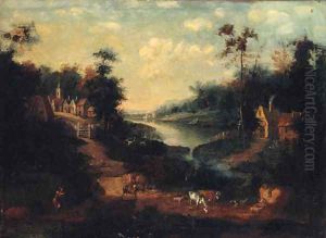 A river landscape with drovers on a track outside a village