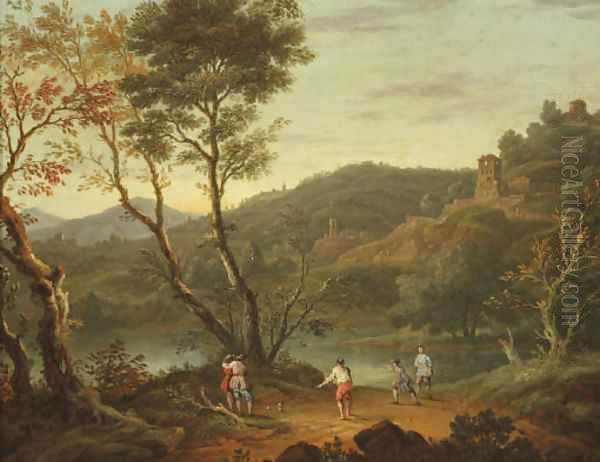 An Italianate landscape with 'boule' players on the banks of a lake, fortified towns in the distance - view 1