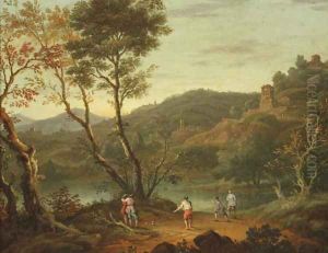 An Italianate landscape with 'boule' players on the banks of a lake, fortified towns in the distance by Peter Tillemans