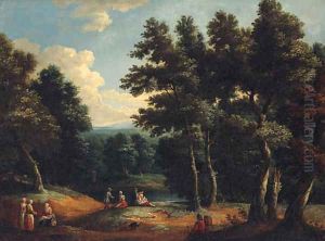 A wooded landscape with peasants by a sandy track by Peter Tillemans