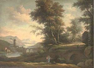 A wooded river landscape with an amorous couple on a track, classical buildings beyond