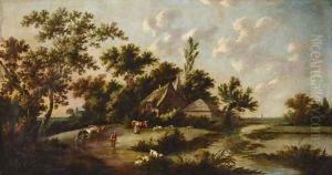 An extensive landscape with a herder, milkmaid and cattle before a farmstead