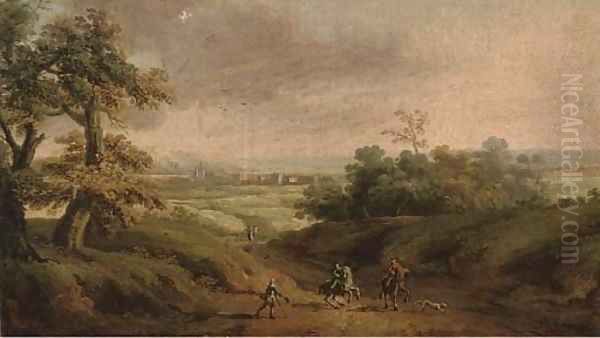 An extensive landscape with horsemen and a beggar in the foreground - view 1
