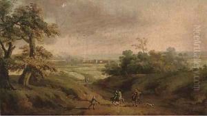 An extensive landscape with horsemen and a beggar in the foreground by Peter Tillemans