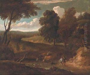 A wooded track with cattle drinking at a river and figures with a dog