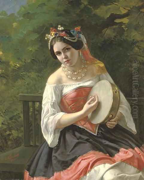 Portrait of a young lady in costume playing a tambourine - view 1