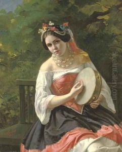 Portrait of a young lady in costume playing a tambourine