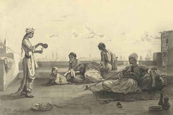 Oriental figures drinking tea on a rooftop - view 1