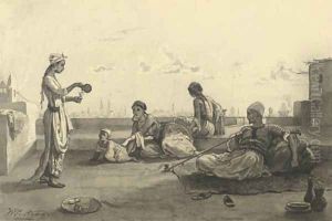 Oriental figures drinking tea on a rooftop by Willem De Famars Testas