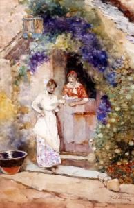 Two Ladies Conversing At A Cottage Doorway Two Ladies Conversing At A Cottage Doorway