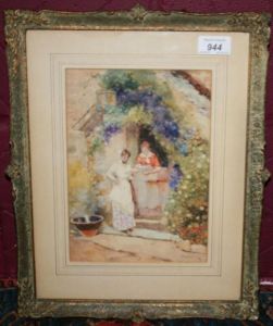 Two Ladies Beside A Cottage by David Woodlock