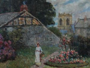 A Village Scene With A Lady Passing A Flower Border Cottages And Church Tower Beyond