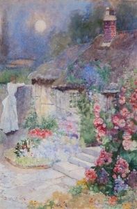 Girl In A White Dress Outside A Thatched Cottage With Hollyhocks by David Woodlock