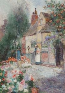 Two Ladies Gossiping Over A Fence Outside A Cottage With Well