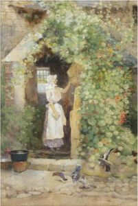 Feeding The Birds; At The Cottage Door by David Woodlock