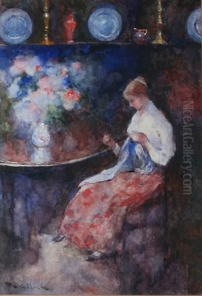 A Lady Sewing In An Interior - view 1