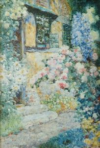 The Cottage Door,with Roses And Delphiniums