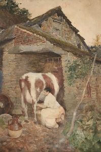 Maid Milking A Cow By A Barn, Unframed by David Woodlock