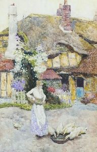 A Lady Peeling Apples; Feeding The Geese, A Pair by David Woodlock
