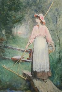 Maid On A Wooded Lane With Basket And Rake