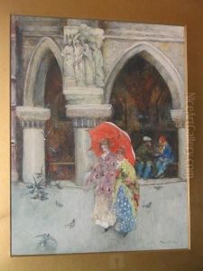 Venetian Ladies With Parasol Passing Before A Doorway Of The Doges's Palace by David Woodlock