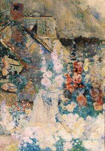 A Girl Picking Flowers Outside A Thatched Cottage thumbnail