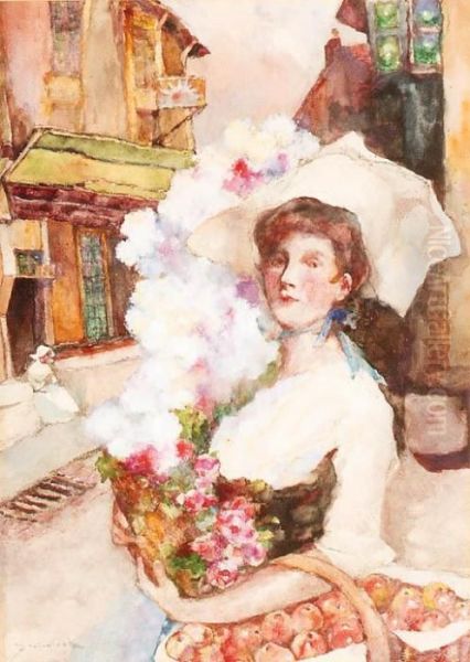 Au Marche: A Lady Carrying A Basket Of Apples And Flowers - view 1