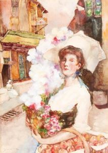 Au Marche: A Lady Carrying A Basket Of Apples And Flowers by David Woodlock