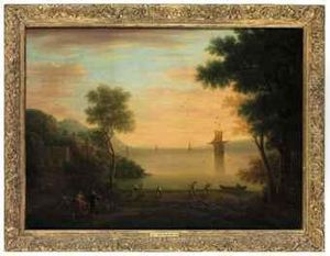 An Italianate Landscape At Sunset, With Figures And Fishermen Inthe Foreground by John Wootton