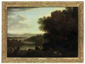 An Extensive River Landscape, With A Goatherd And Goats