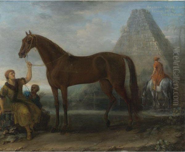 A Dark Chestnut Arabian Mare,
Given By King Louix Xiv To Lord Petreheld By A Groom In A Landscape - view 1