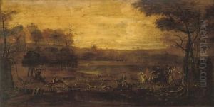 A Hunt In An Extensive Landscape With Buildings Beyond A Hunt In An Extensive Landscape With Buildings Beyond