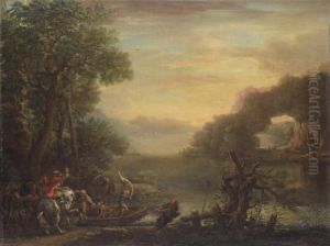 An Extensive River Landscape, 
With Cavaliers Embarking On A Ferry, Sailing Boats Anchored At The Shore
 Beyond