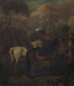 A Gentleman With Bay And White Horses Before A Church