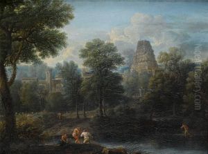An Italianate River Landscape With Fishermenhauling In Their Nets by John Wootton