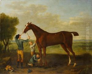 Lord Essex's Smiling Ball Held 
By His Jockey,being Rubbed Down After His Victory In The Race Depicted 
In Thedistance