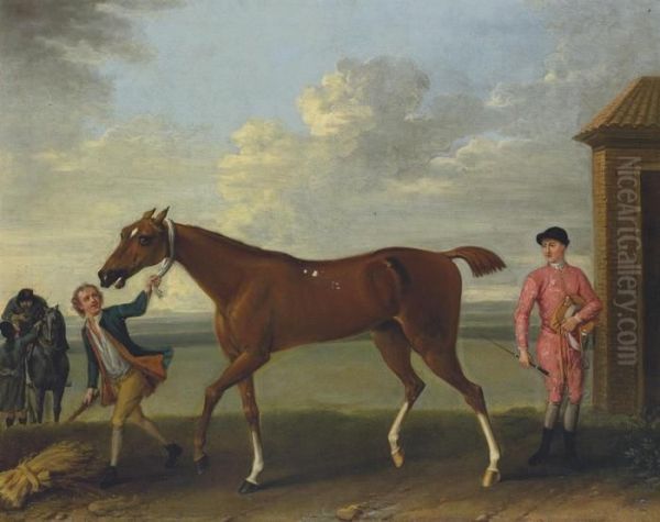 A Chestnut Racehorse Held By A
Groom, With A Jockey Dismounted, Bythe King's Stables, Newmarket - view 1