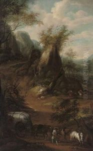 An Extensive Wooded Landscape With Travellers, A Carriage, And Horsemen On A Track