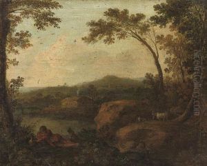 A Classical Wooded River
Landscape, With A Shepherd At Rest In The Foreground With His Dog, A
Cottage Beyond by John Wootton