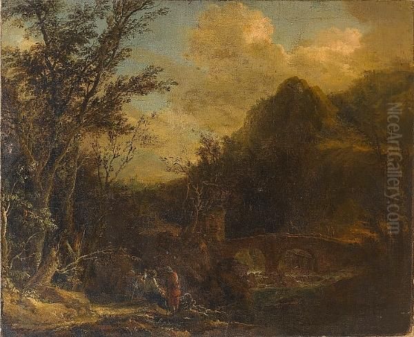 A Rocky River Landscape With 
Figures Resting On The Banks, Travellers Crossing A Bridge Beyond - view 1