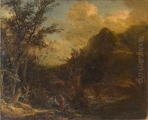 A Rocky River Landscape With
Figures Resting On The Banks, Travellers Crossing A Bridge Beyond by John Wootton