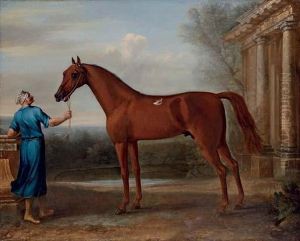Mr Charles Wilson's Chestnut Arabian, Held By A Groom, Beside A Classical Building by John Wootton