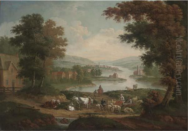 Peasants With Sheep And Cattle In An Extensive River Landscape - view 1