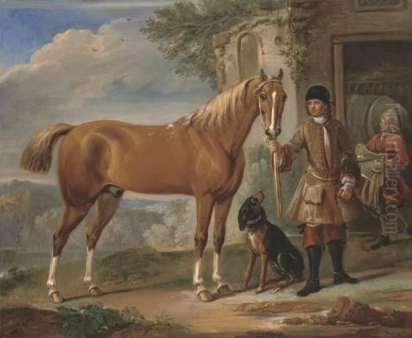 John Shafto Of Bavington Hall, 
And Whitworth Hall, Northumberland,holding A Hunter, In A Landscape With
 A Groom And Stablebeyond - view 1