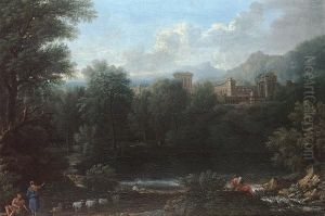An Arcadian Landscape With 
Classical Figures Beside A Lake In The Foreground, A Roman Town On The 
Hills Beyond