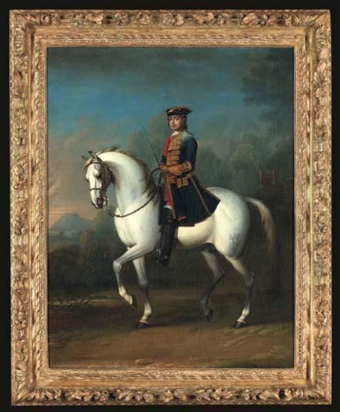 Equestrian Portrait 
Traditionally Identified As Ferdinand Albrecht,later Duke Of Brunswick, 
Full-length, In A Blue Coat, In Alandscape With A Castle Beyond - view 1