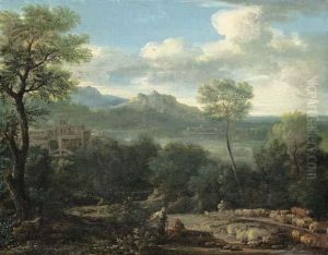 An Italianate Landscape With A
Shepherd And Shepherdess In The Foreground And A Hilltop Village
Overlooking A Lake And Mountains Beyond by John Wootton